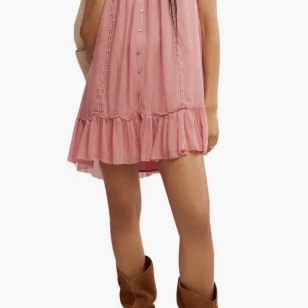 FREE PEOPLE -NEW - Pink Button-Down Ruffle Dress Size Small